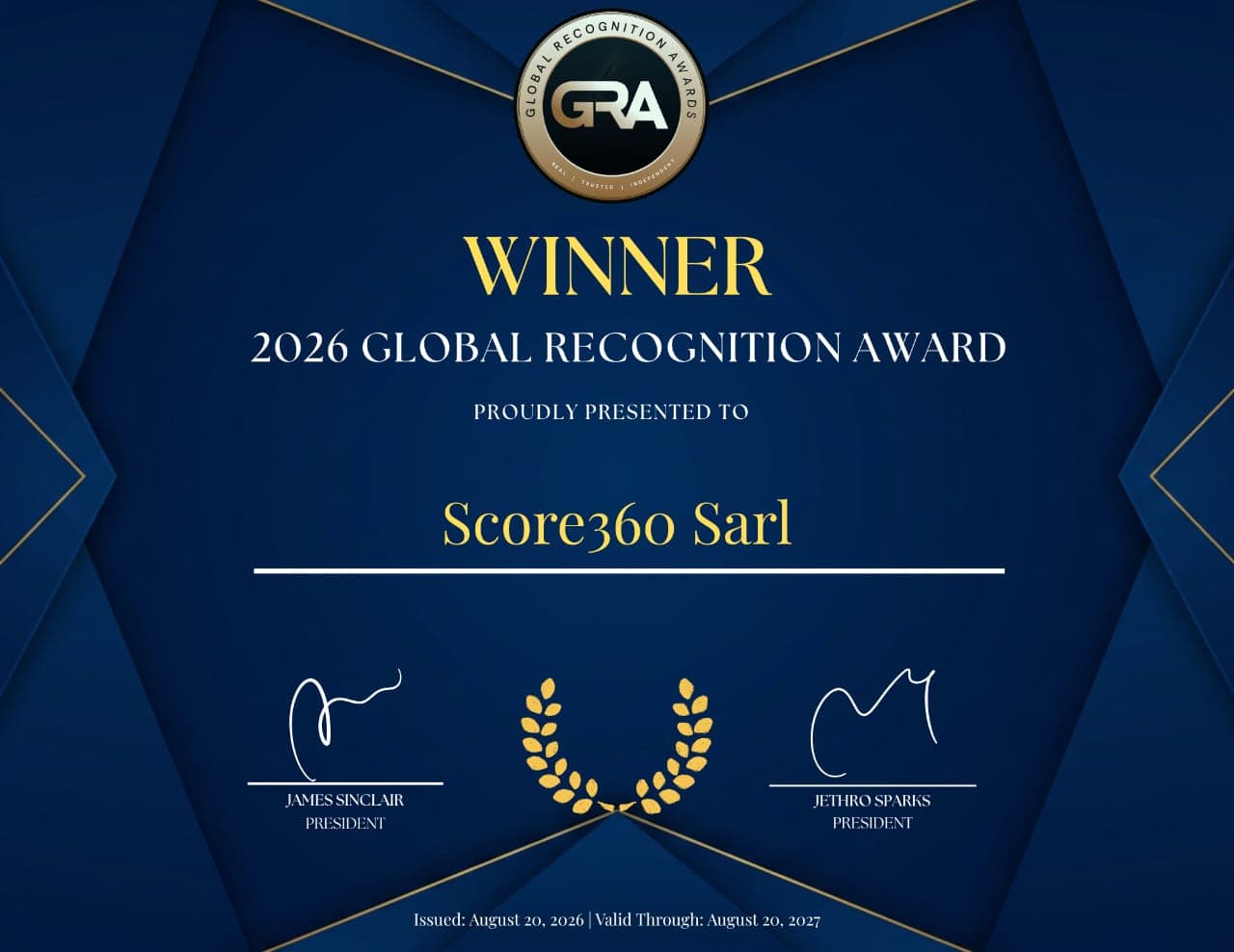 Certificat de lauréat · Global Recognition Awards 2026 · délivré le 20 août 2026, valable jusqu’au 20 août 2027